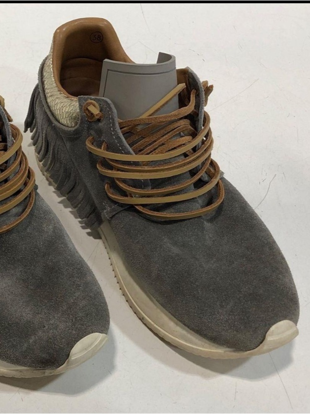 Women’s Esseutesse Suede Fringe Sneakers in Gray and Tan Size 38